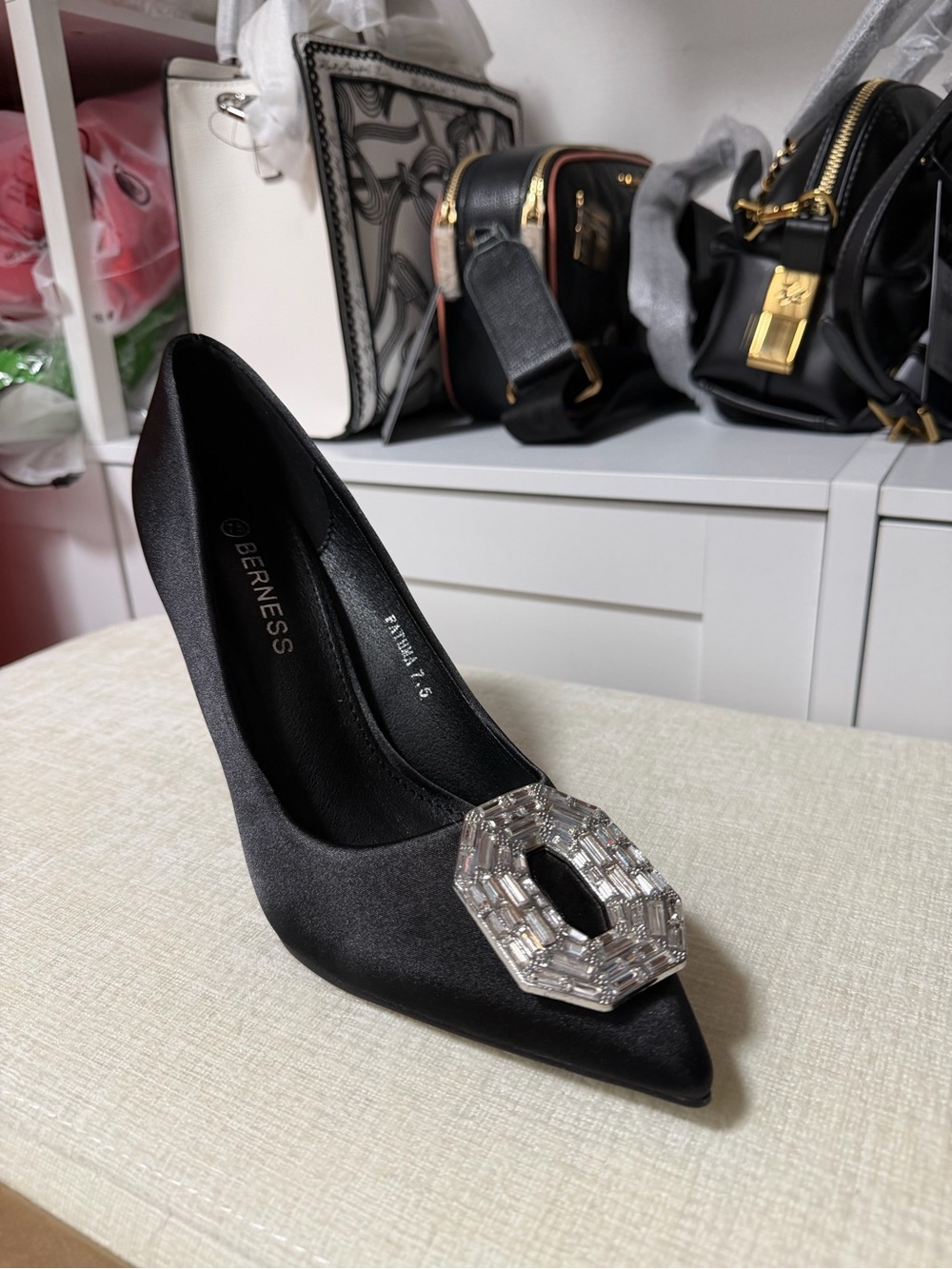Black Satin Pointed Toe Pump with Crystal Accent